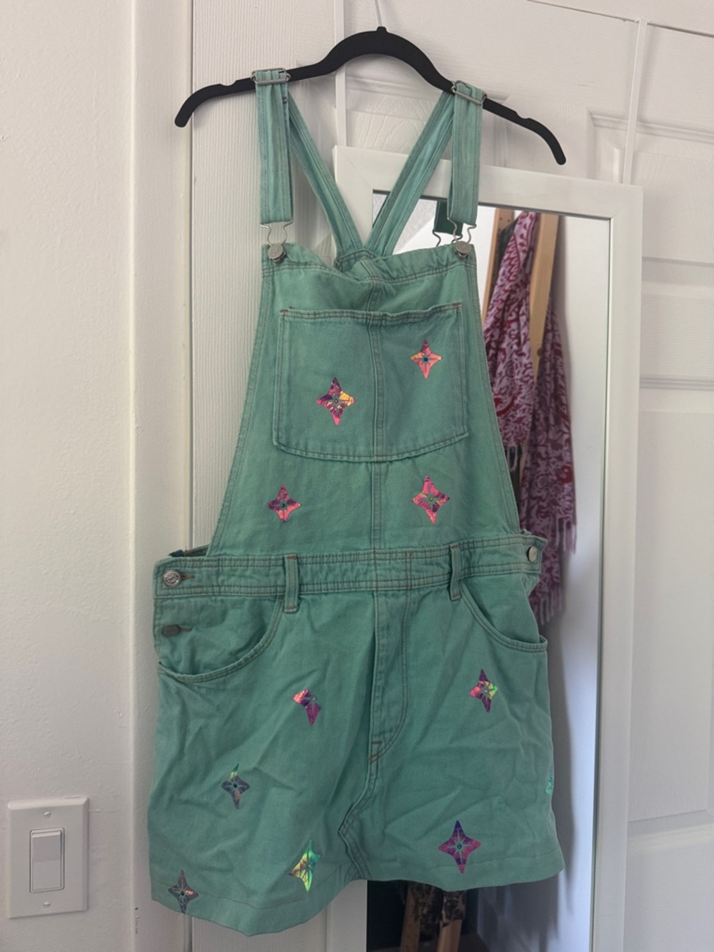 Mint Green upcycled Denim mini dress Overalls with Holographic Star Accents